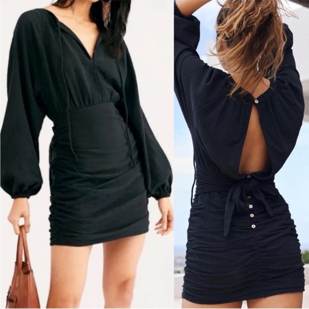 Free People the only one black mini dress long sleeve open back button details